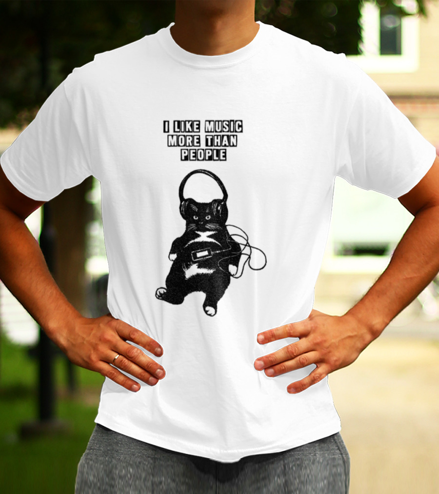 Black Cat With Headphones I Like Music More Than People T-Shirt