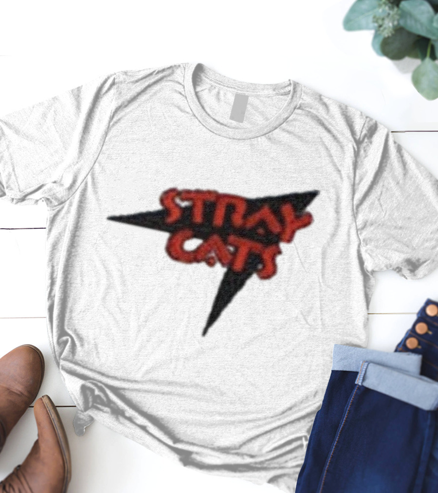 Stray Cats Rockabilly Band Red Text With Black Starburst Background T-Shirt