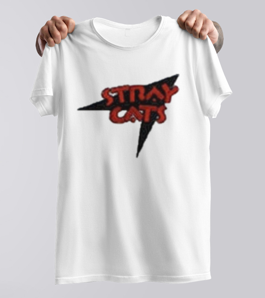Stray Cats Rockabilly Band Red Text With Black Starburst Background T-Shirt