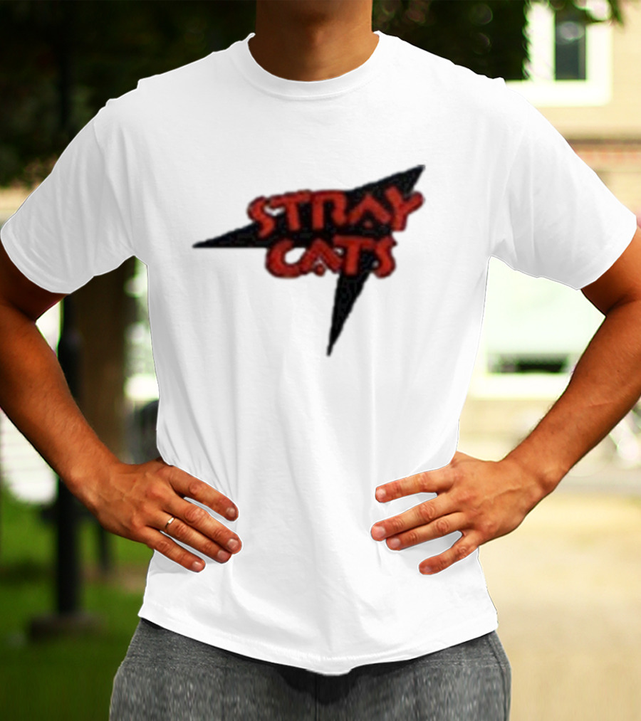 Stray Cats Rockabilly Band Red Text With Black Starburst Background T-Shirt