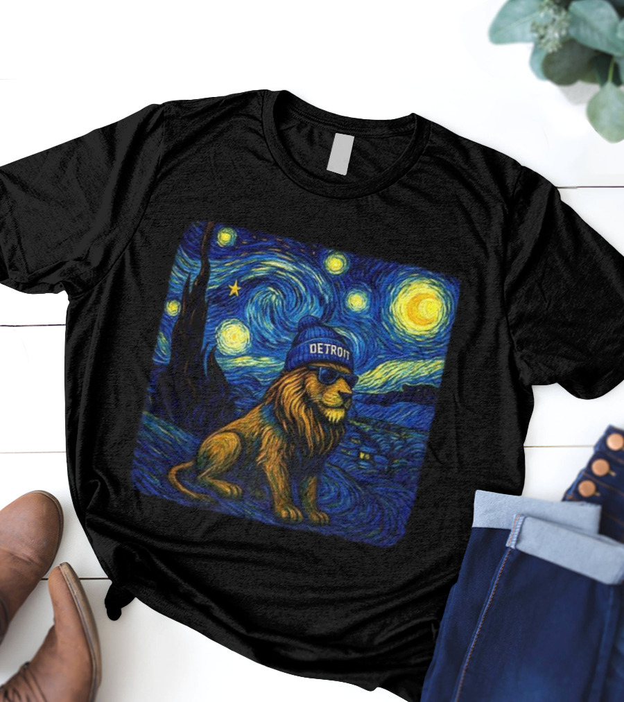 Detroit Lions Starry Night Van Gogh Style Lion With Beanie And Sunglasses T-Shirt