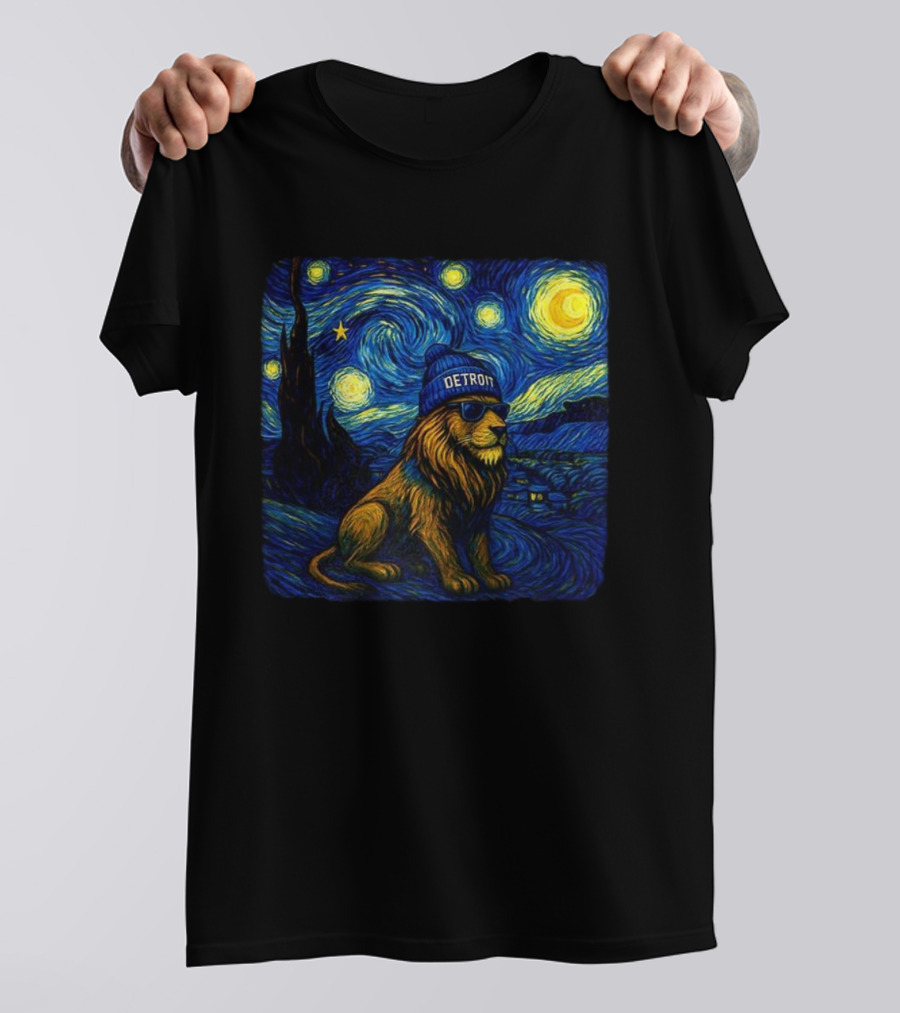 Detroit Lions Starry Night Van Gogh Style Lion With Beanie And Sunglasses T-Shirt