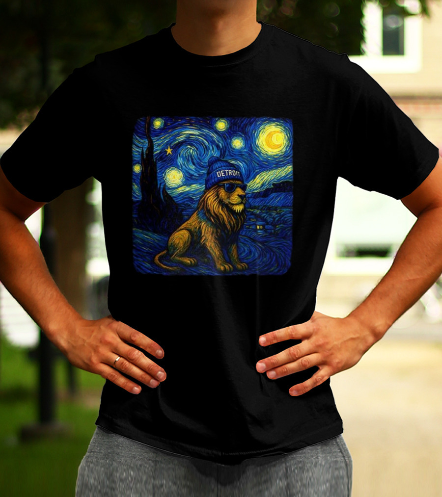 Detroit Lions Starry Night Van Gogh Style Lion With Beanie And Sunglasses T-Shirt