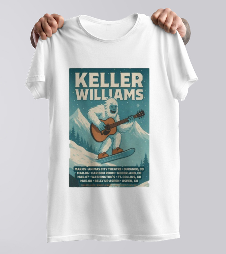 Keller Williams Winter 2026 Tour Guitar Ski Freshies Animas City Durango Caribou Nederland Washington's Fort Collins Belly Up Aspen T-Shirt