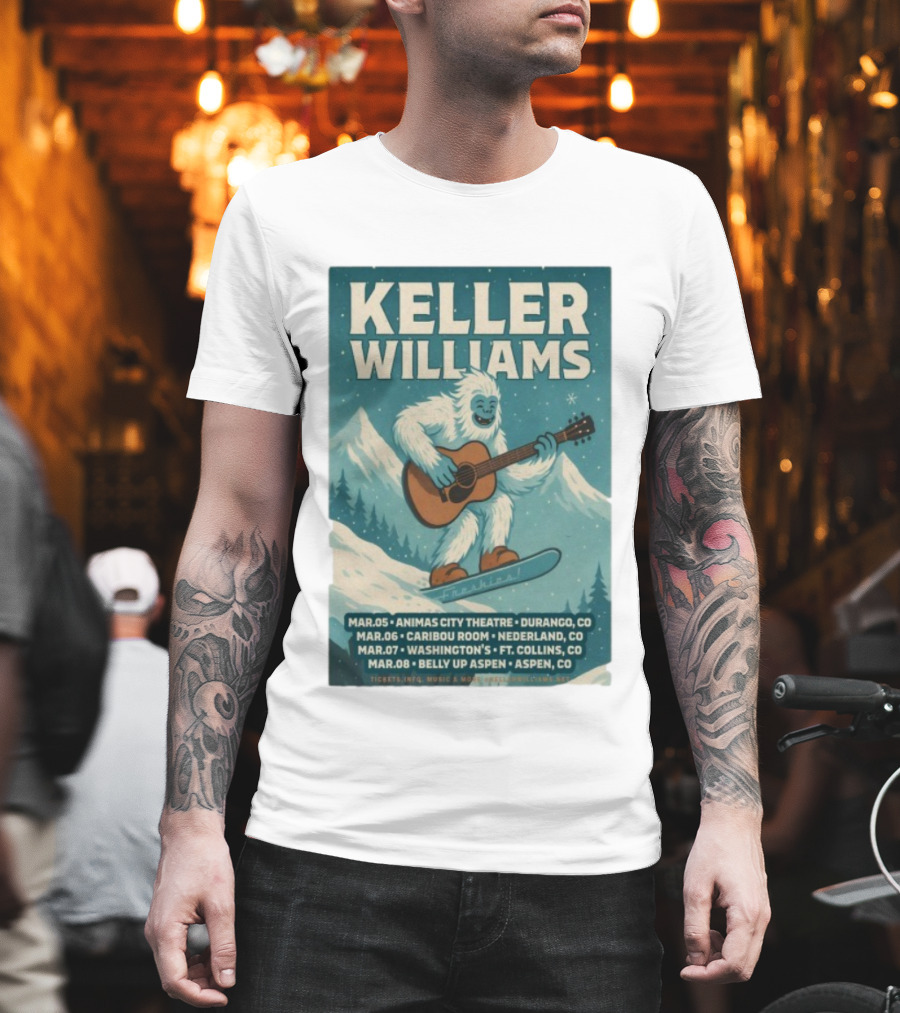 Keller Williams Winter 2026 Tour Guitar Ski Freshies Animas City Durango Caribou Nederland Washington's Fort Collins Belly Up Aspen T-Shirt