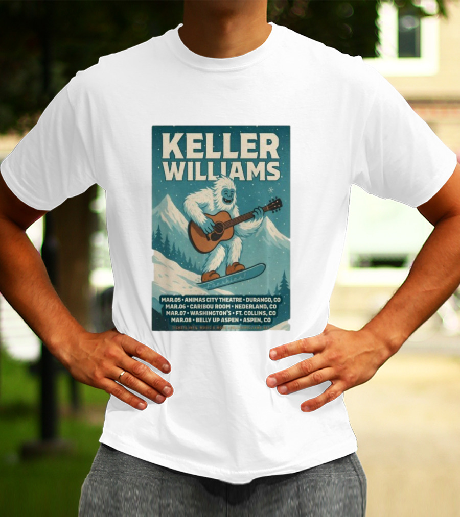 Keller Williams Winter 2026 Tour Guitar Ski Freshies Animas City Durango Caribou Nederland Washington's Fort Collins Belly Up Aspen T-Shirt