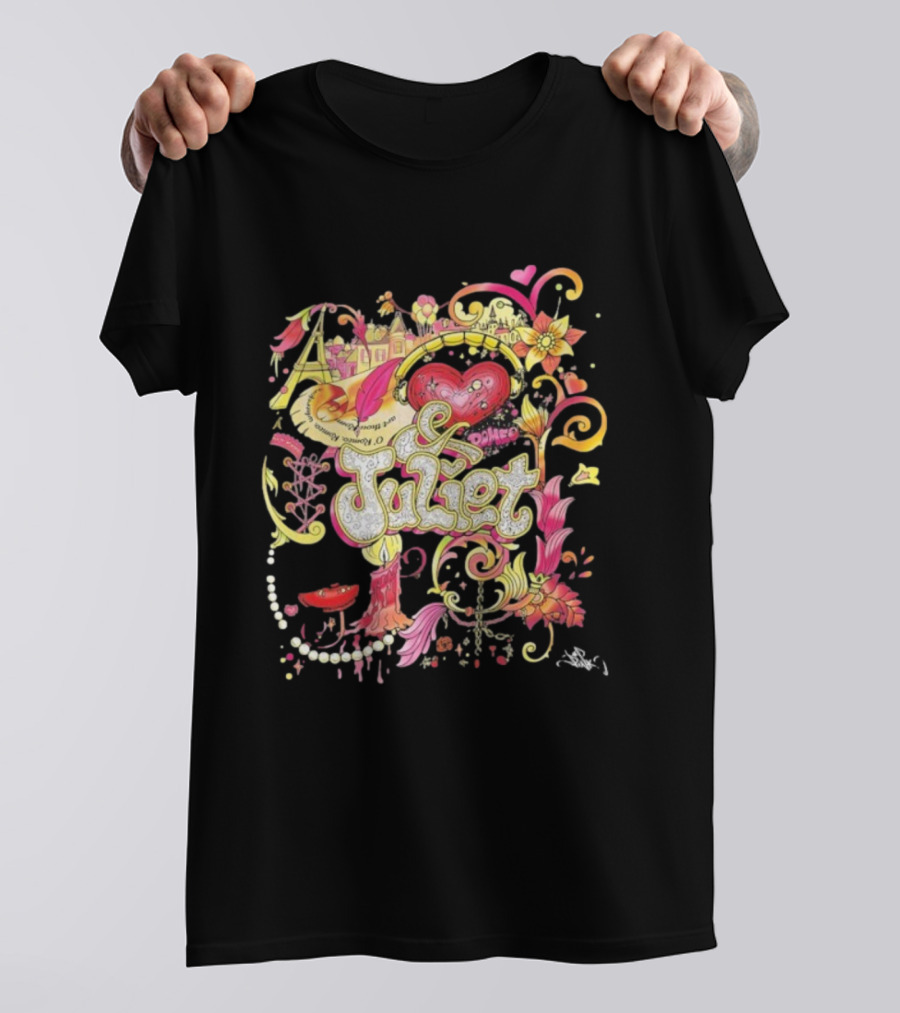 & Juliet Musical Love Hearts Flowers Colorful Art Romeo T-Shirt