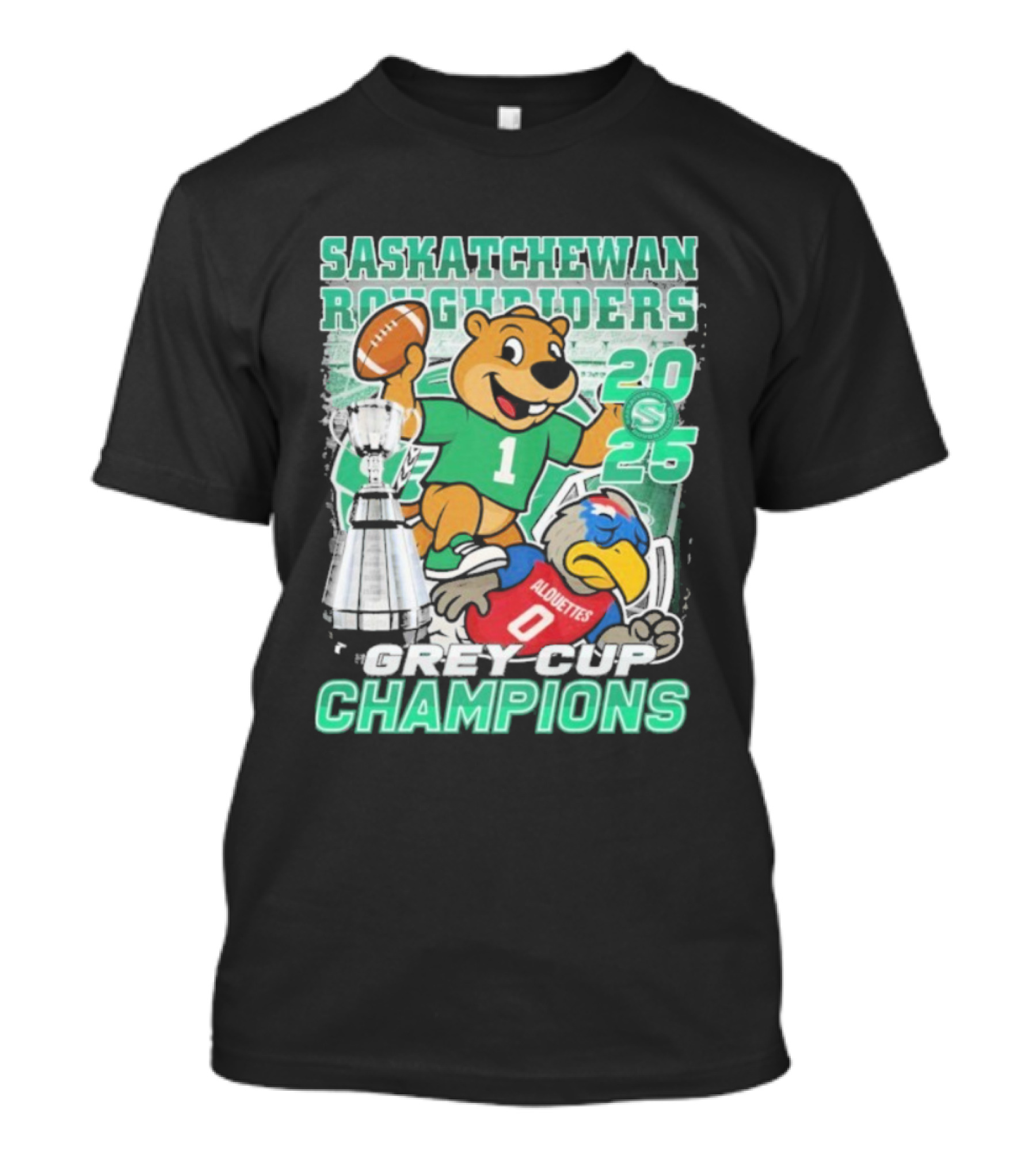 Saskatchewan Roughriders 2025 Grey Cup Champions Trophy Mascot Alouettes T-Shirt
