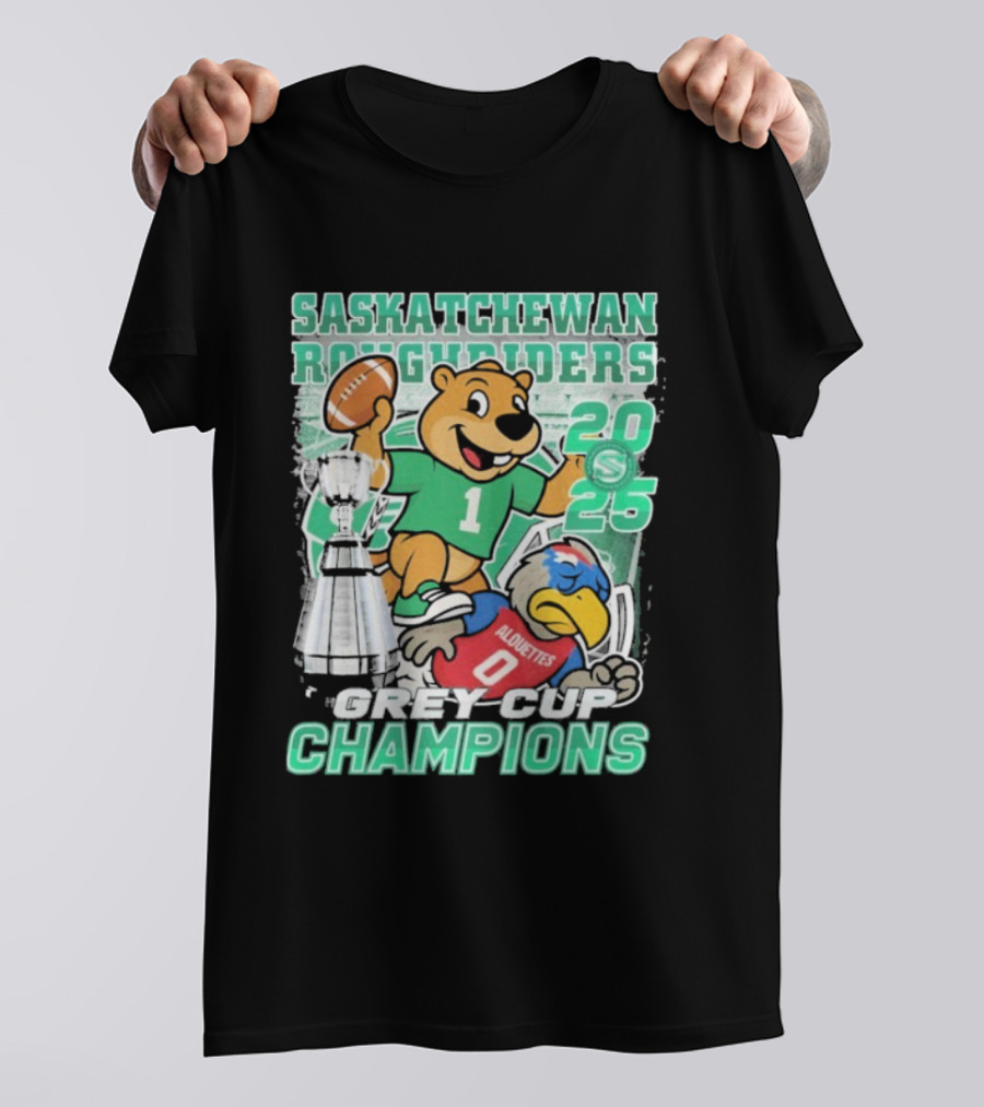 Saskatchewan Roughriders 2025 Grey Cup Champions Trophy Mascot Alouettes T-Shirt