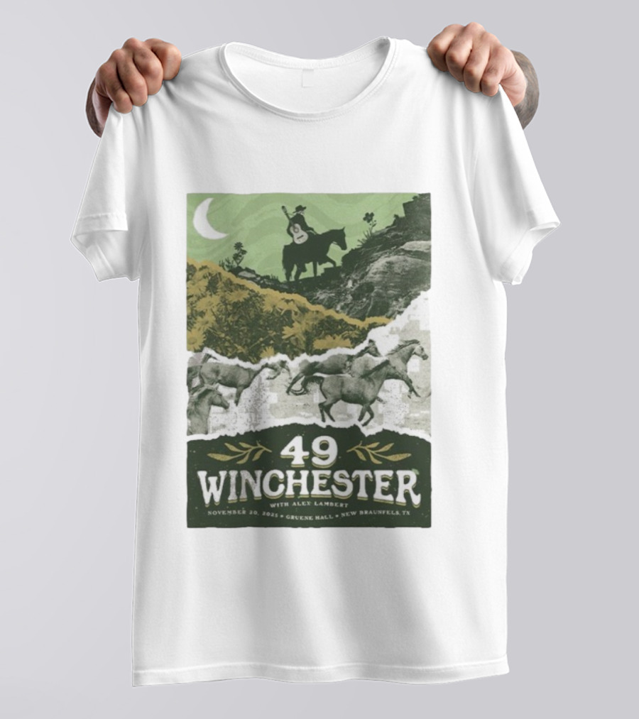 49 Winchester Alex Lambert November 20 2025 Gruene Hall New Braunfels TX Riding Guitar Moonlit Scene T-Shirt