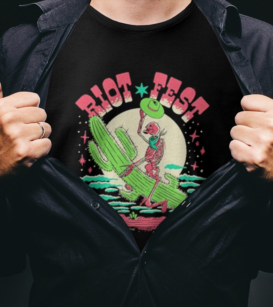 Riot Fest Skeleton Cactus Moon Scene Vintage Style T-Shirt