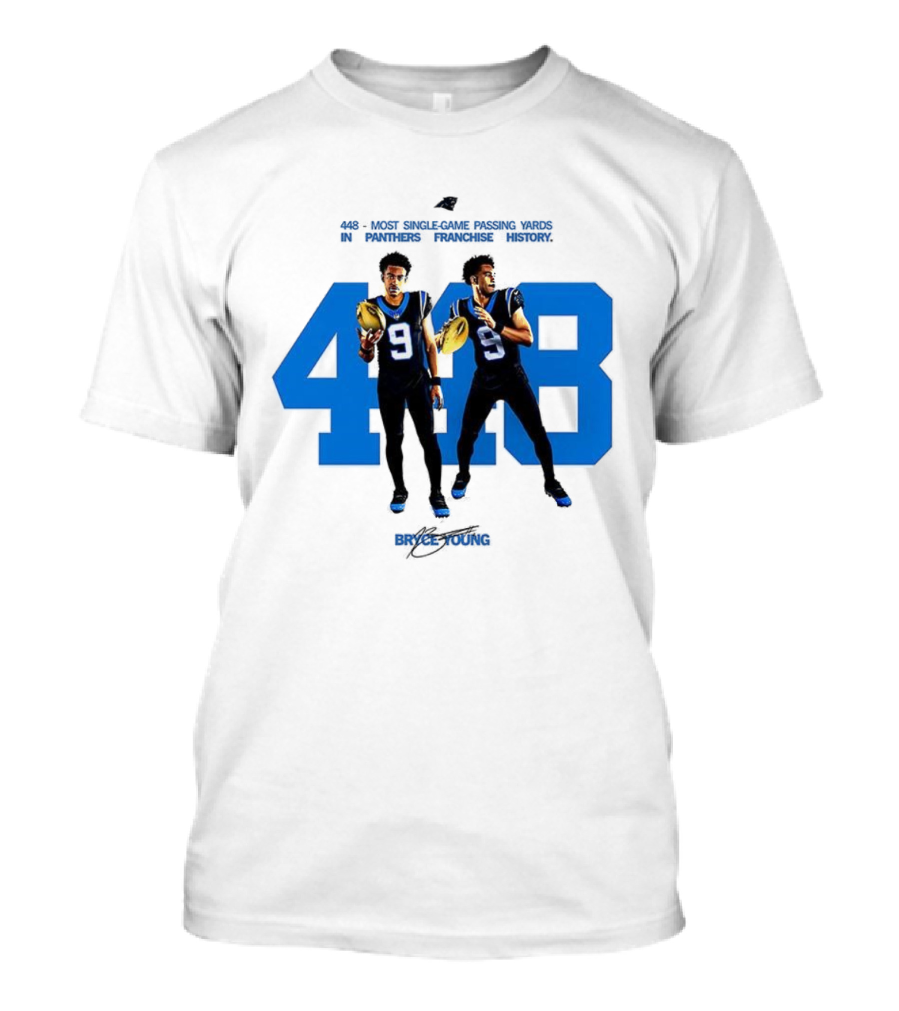 Carolina Panthers Bryce Young 448 Signature Blue Number 9 Football T-Shirt