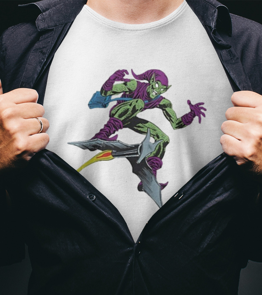 Green Goblin Marvel Character Flying Glider Comic Book Style Artwork T-Shirt