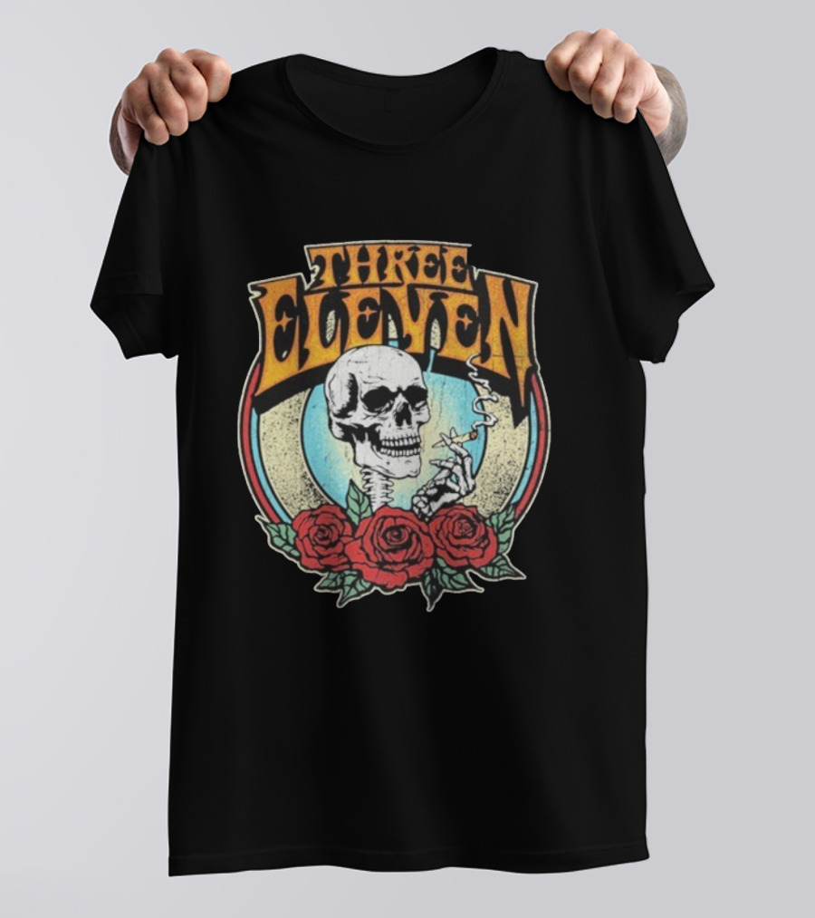 Three Eleven Smoking Skull With Roses Vintage Style T-Shirt