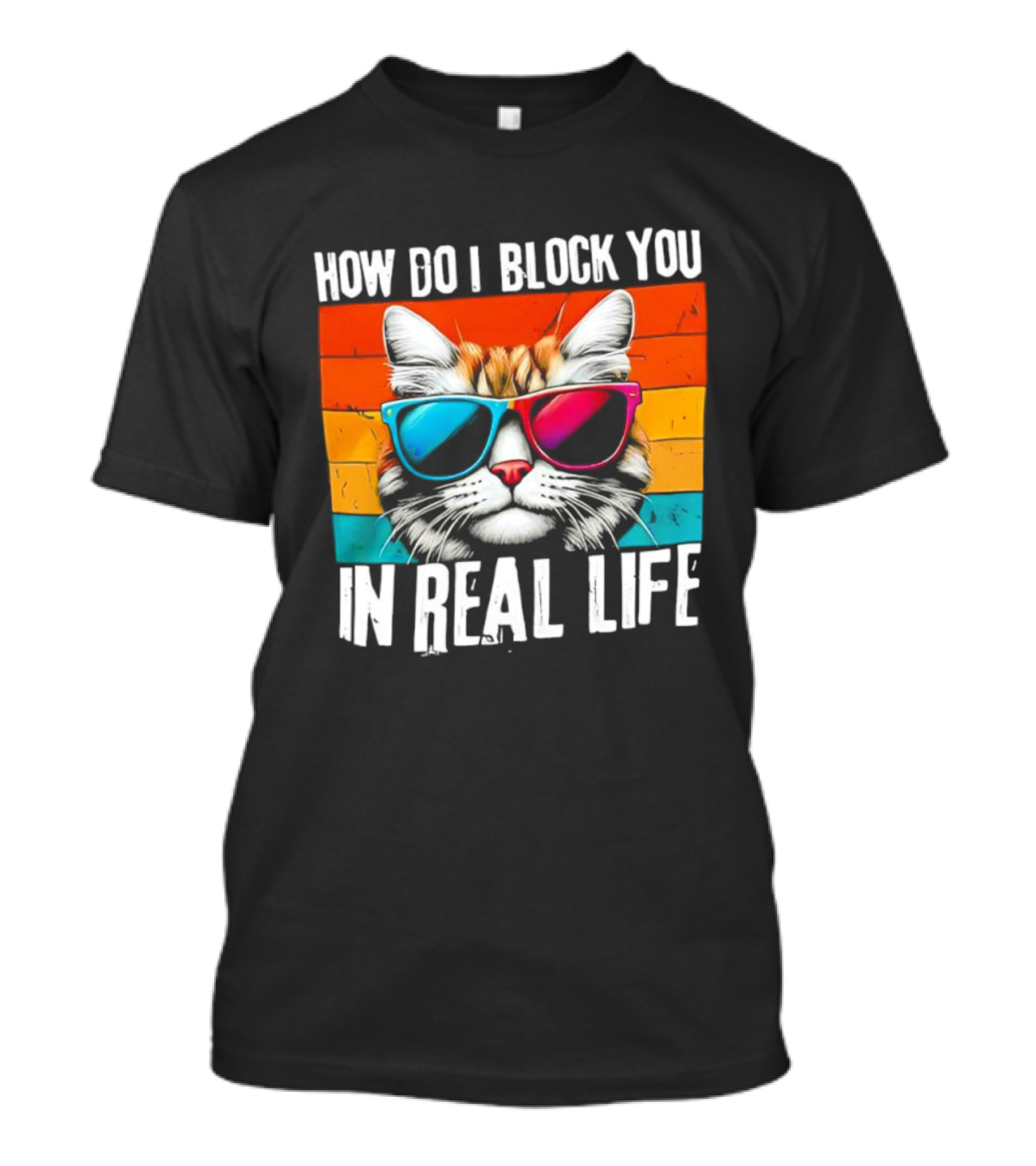 How Do I Block You In Real Life Cat Vintage Sunglasses Retro Stripes T-Shirt