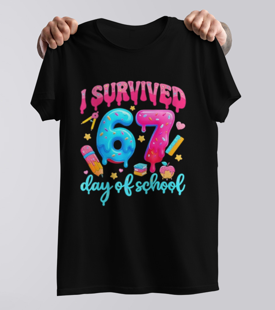 I Survived 67 Days Of School Pencil Cupcake Book Stars Hearts T-Shirt