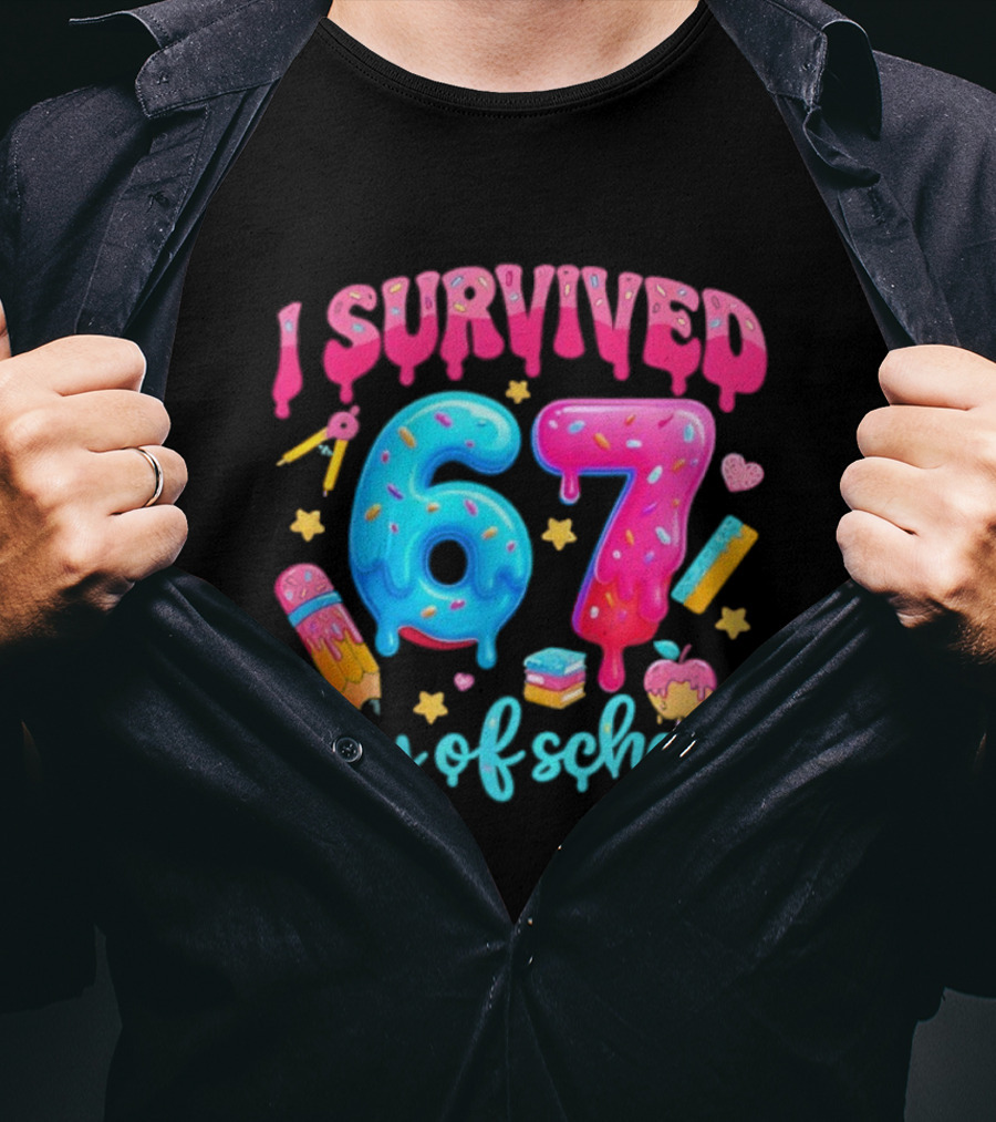 I Survived 67 Days Of School Pencil Cupcake Book Stars Hearts T-Shirt