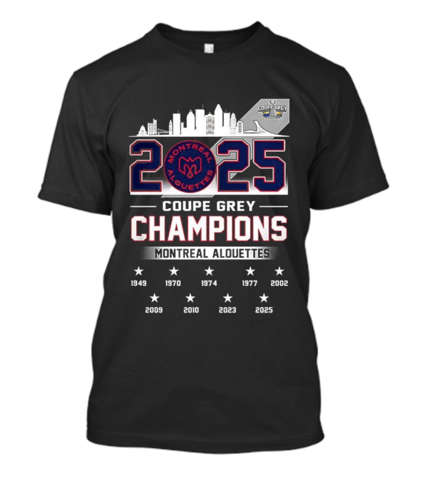 Montreal Alouettes 2025 Coupe Grey Champions City Skyline 1949-2002 T-Shirt