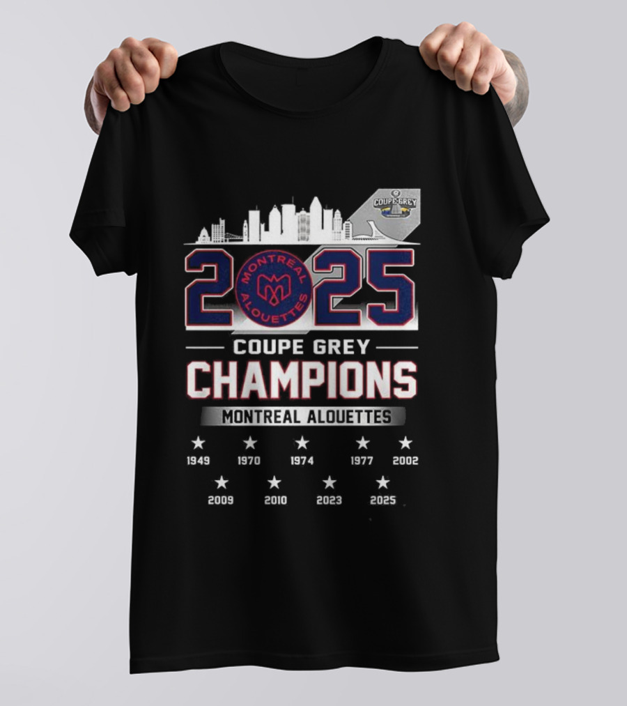 Montreal Alouettes 2025 Coupe Grey Champions City Skyline 1949-2002 T-Shirt