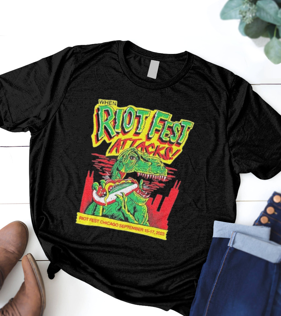 When Riot Fest Attacks Chicago September 15-17 2023 Dinosaur Hot Dog Skyline T-Shirt