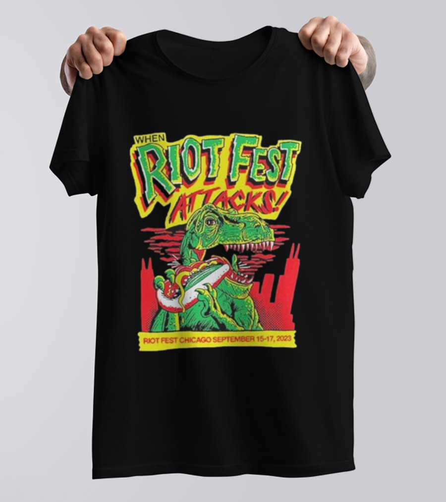 When Riot Fest Attacks Chicago September 15-17 2023 Dinosaur Hot Dog Skyline T-Shirt