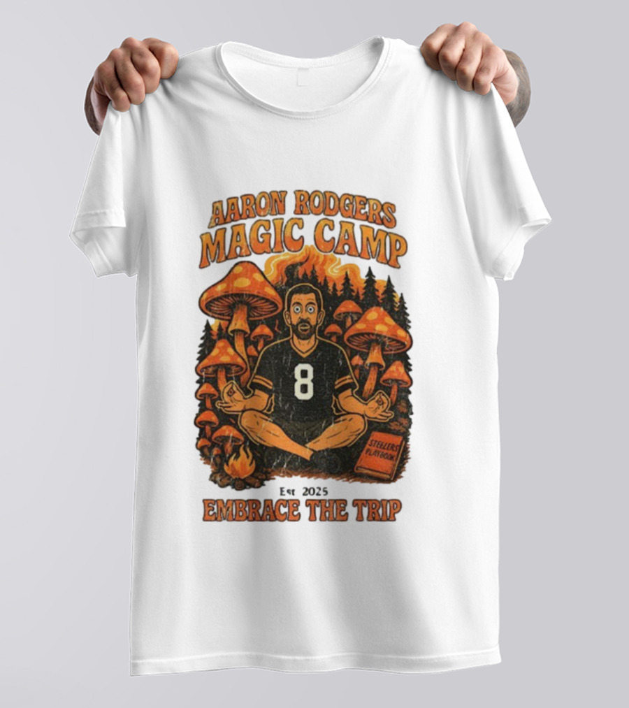 Aaron Rodgers Magic Camp Embrace The Trip Steelers Playbook Vintage 2025 Psychedelic Meditation Mushrooms T-Shirt