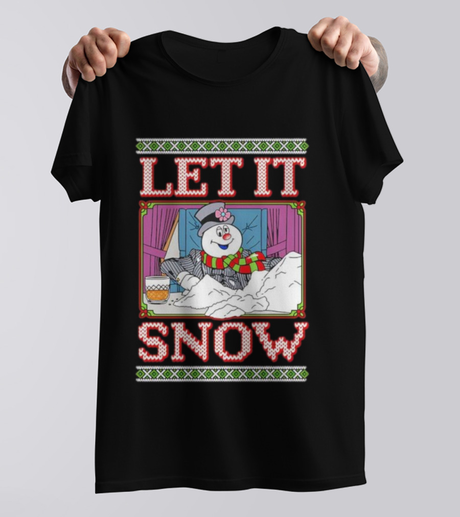 Let It Snow Christmas Snowman With Snow And Drink Scene T-Shirt