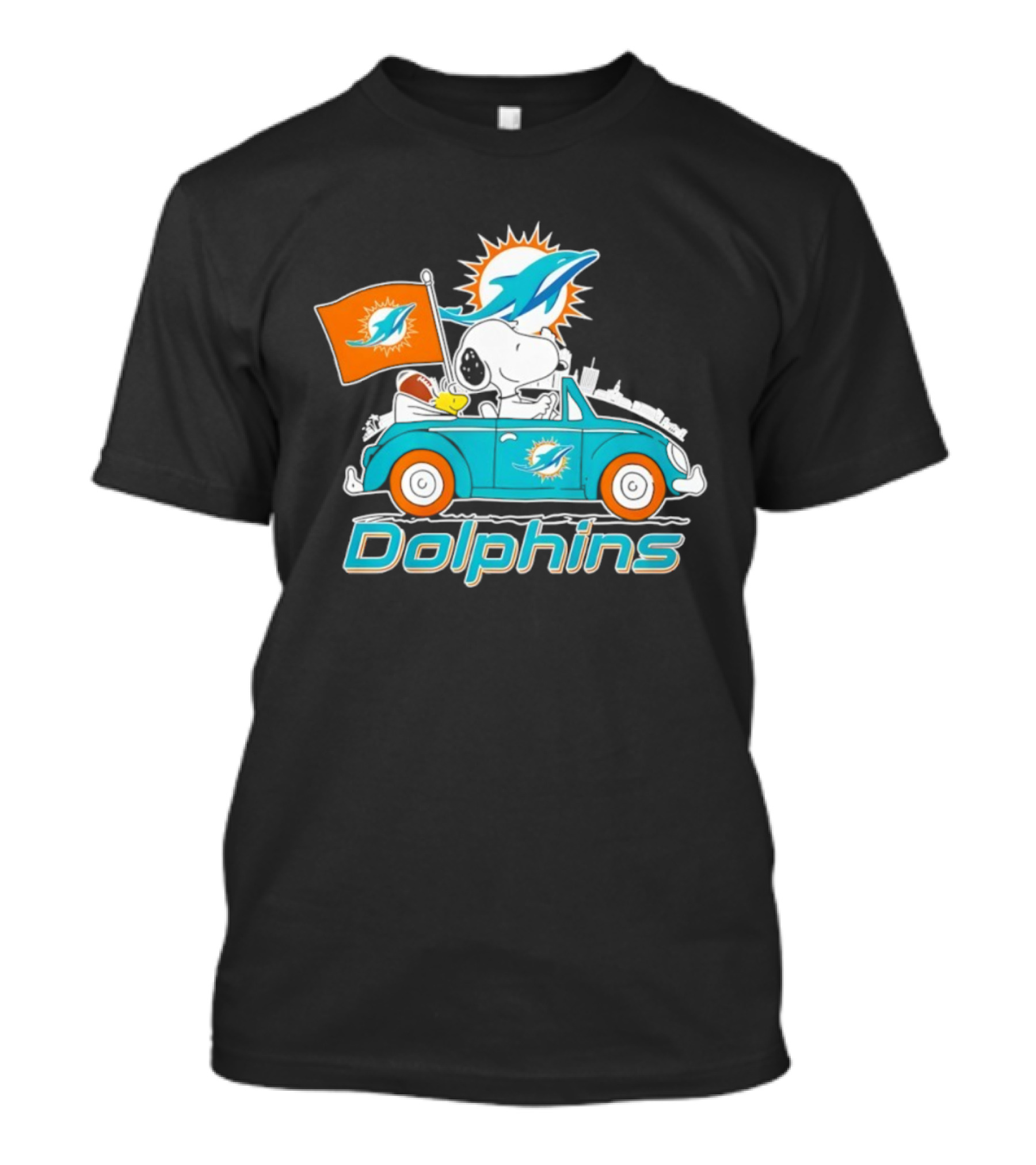 Miami Dolphins Snoopy Woodstock Driving With Flag And Logo T-Shirt