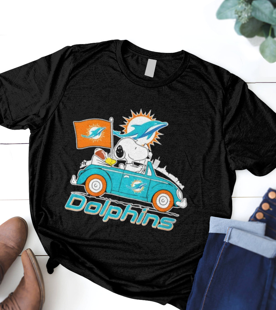 Miami Dolphins Snoopy Woodstock Driving With Flag And Logo T-Shirt