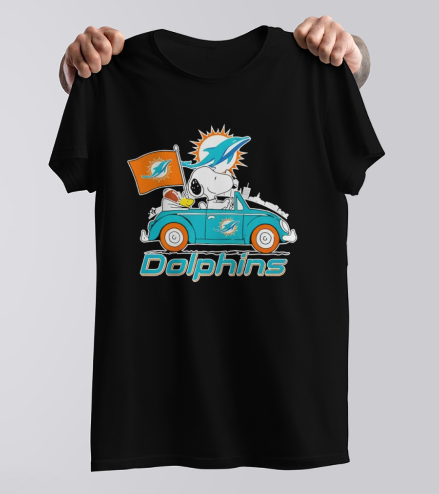 Miami Dolphins Snoopy Woodstock Driving With Flag And Logo T-Shirt