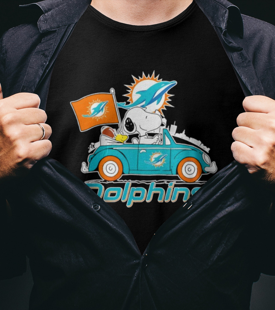 Miami Dolphins Snoopy Woodstock Driving With Flag And Logo T-Shirt