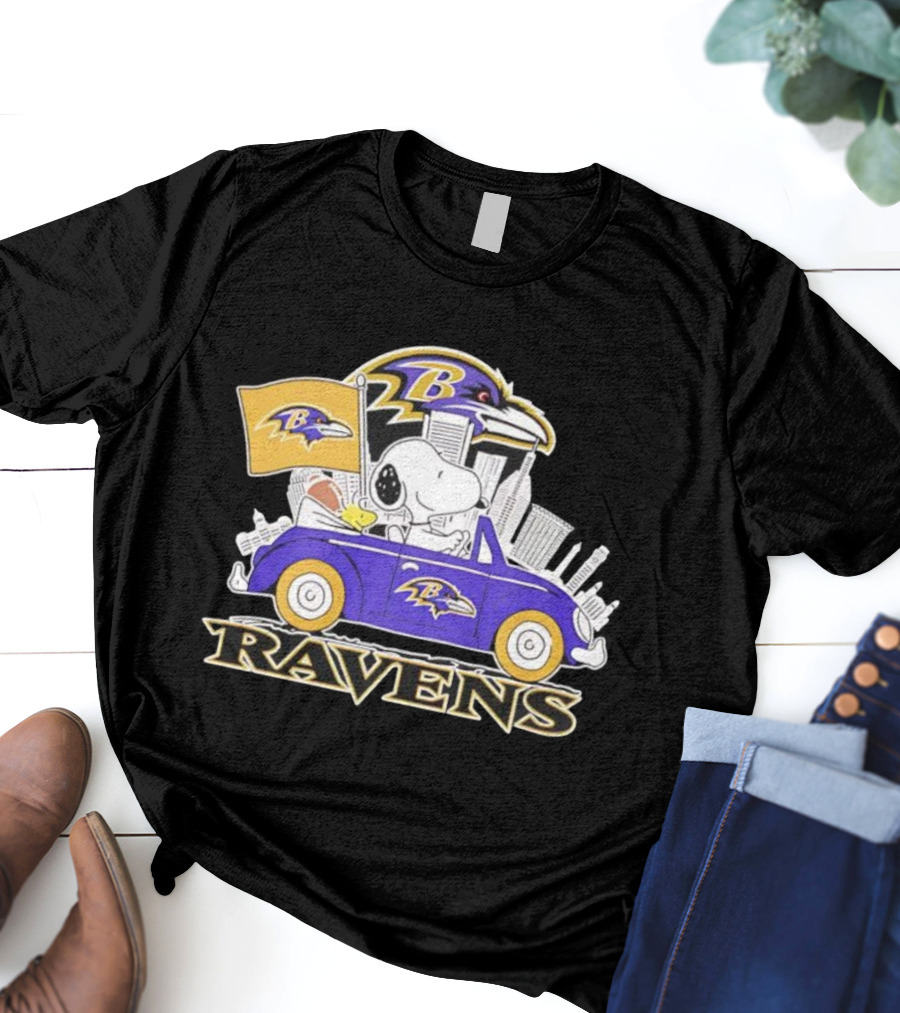 Snoopy Driving Baltimore Ravens Car Peanuts Collaboration With Flag And Raven Logo T-Shirt
