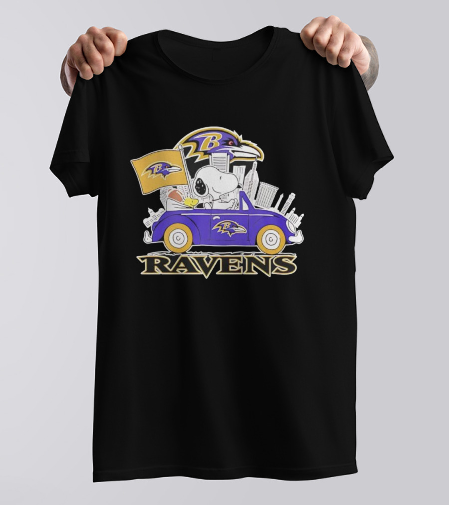 Snoopy Driving Baltimore Ravens Car Peanuts Collaboration With Flag And Raven Logo T-Shirt