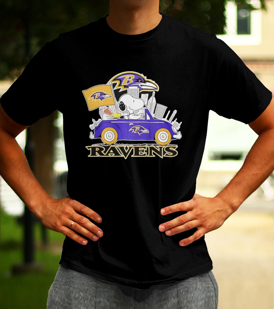 Snoopy Driving Baltimore Ravens Car Peanuts Collaboration With Flag And Raven Logo T-Shirt