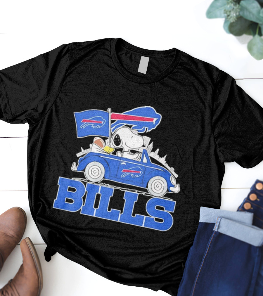 Peanuts Buffalo Bills Driving Car With Flag And Football T-Shirt