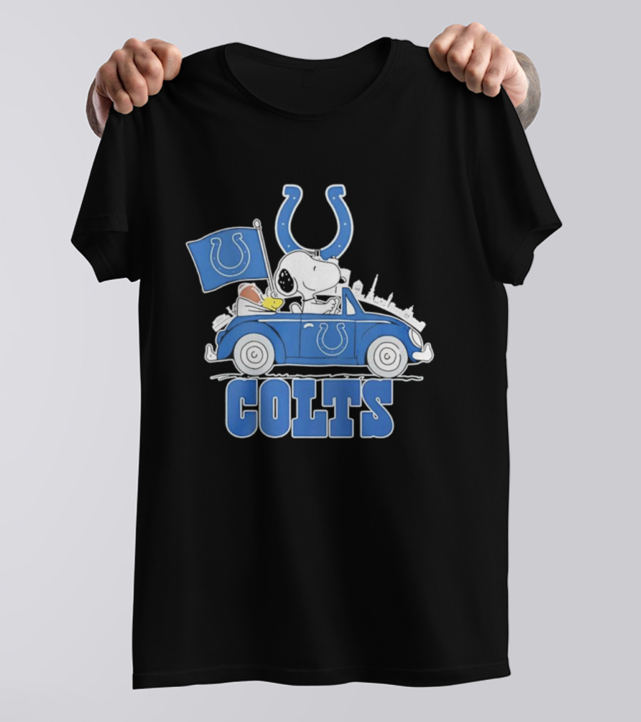 Peanuts Indianapolis Colts Snoopy Driving Car With Mascot Flag T-Shirt