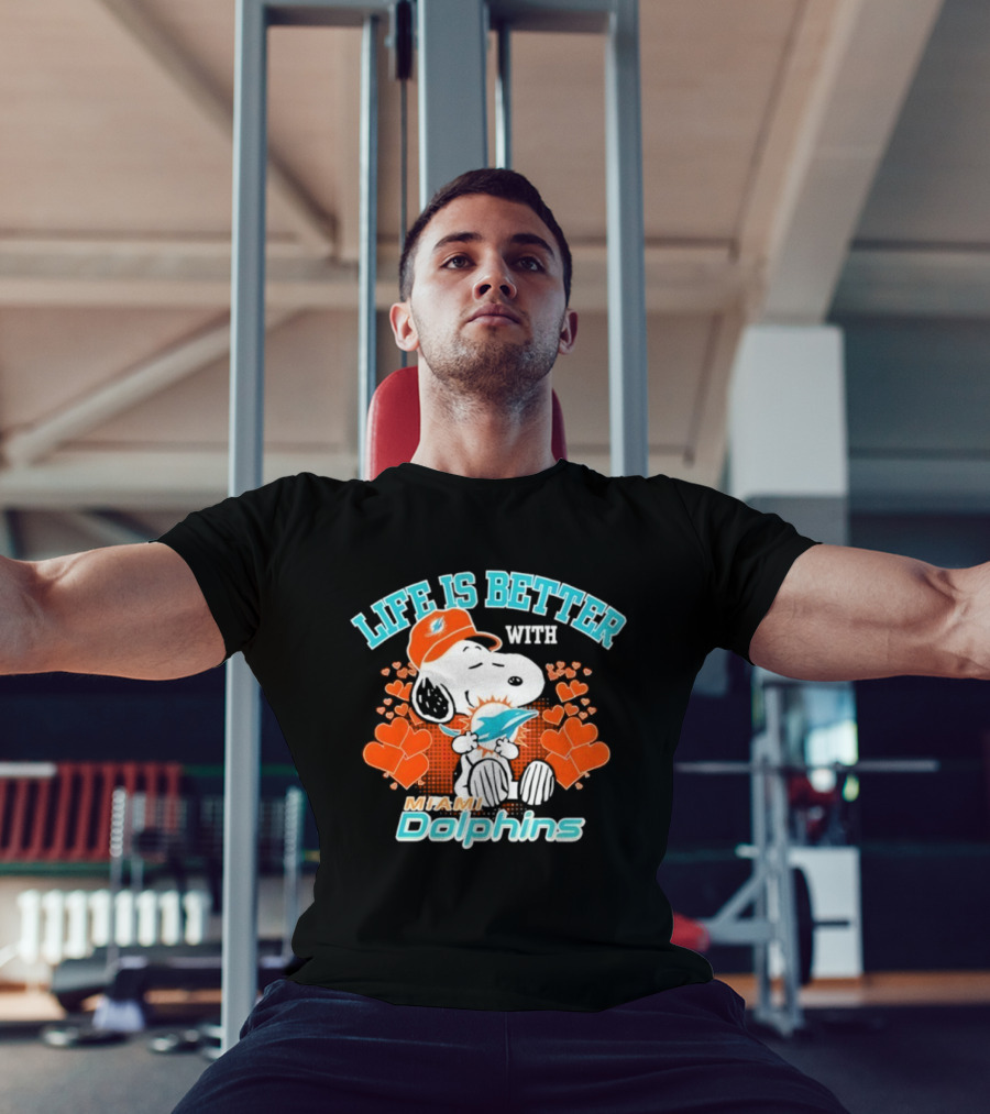 Snoopy Life Is Better With Miami Dolphins Hearts And Cap T-Shirt