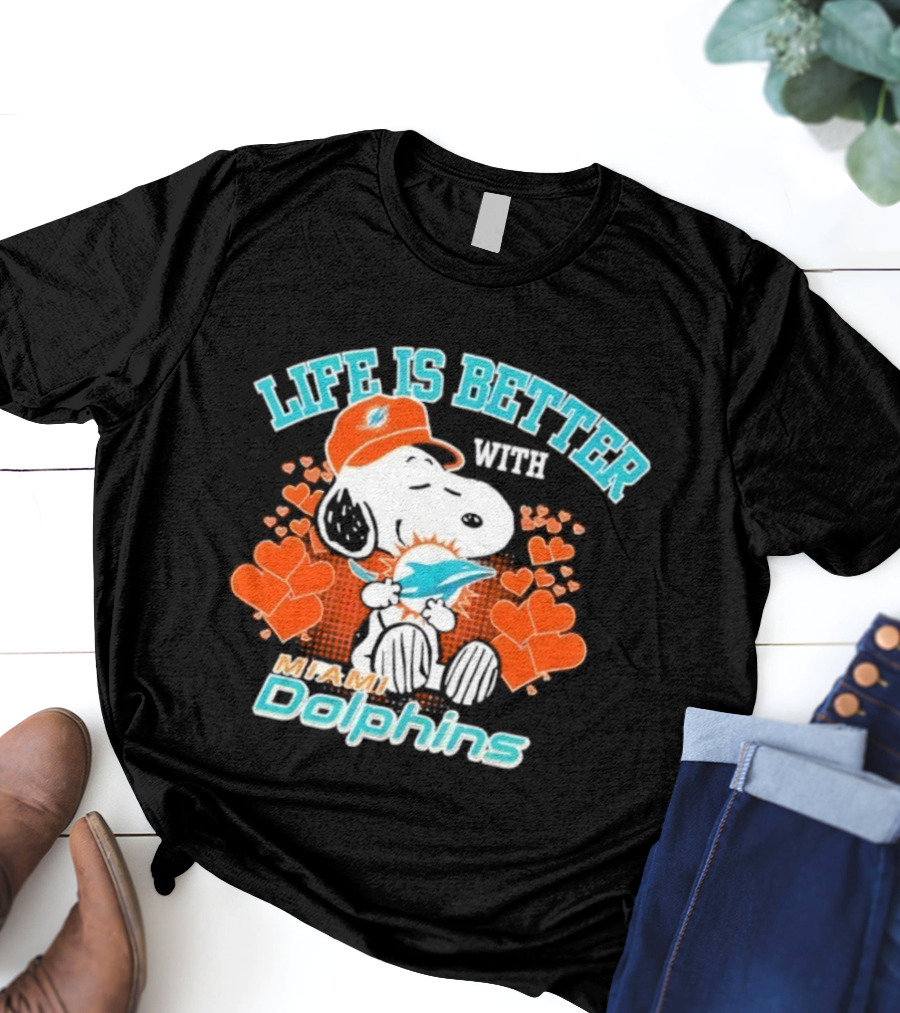 Snoopy Life Is Better With Miami Dolphins Hearts And Cap T-Shirt