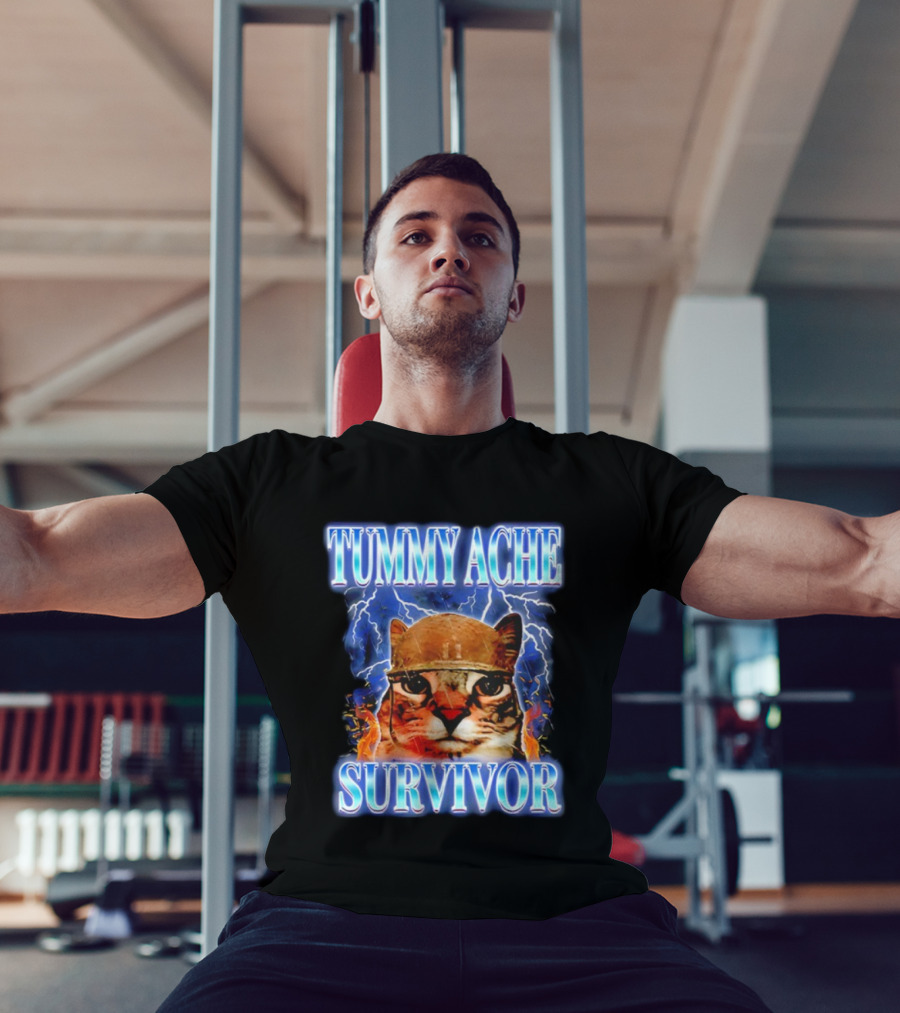 Tummy Ache Survivor Cat Meme Lightning Background T-Shirt