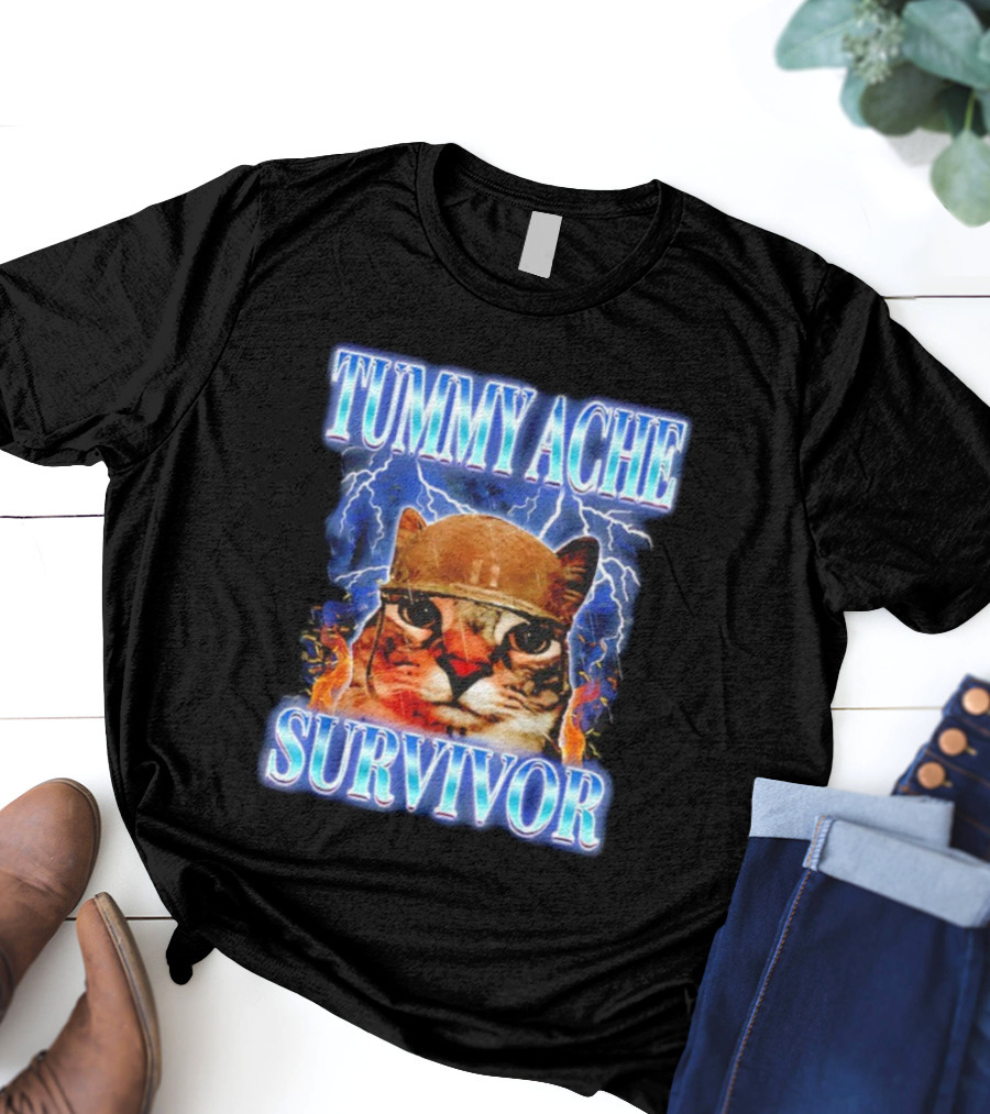 Tummy Ache Survivor Cat Meme Lightning Background T-Shirt