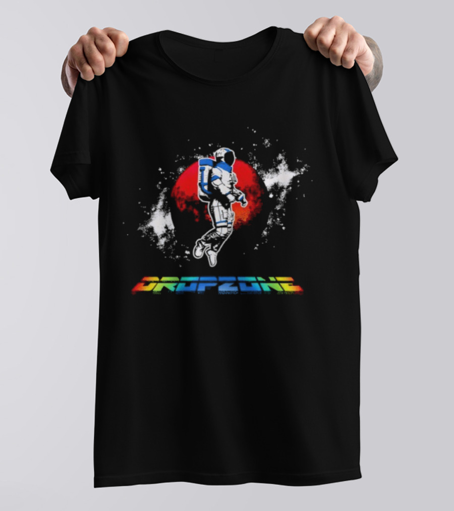 Dropzone Retro Astronaut In Front Of Red Sun Retro Gaming Style T-Shirt