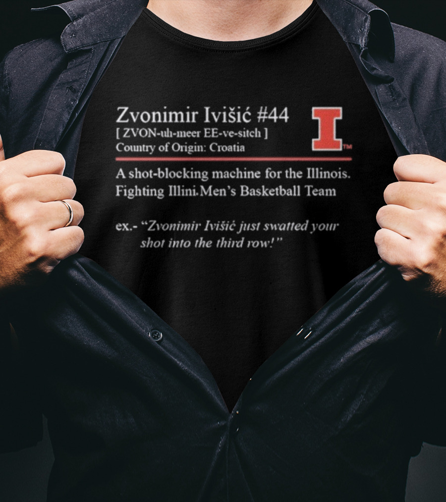 Zvonimir Ivisic #44 Shot-Blocking Machine Illinois Fighting Illini Men's Basketball Team T-Shirt