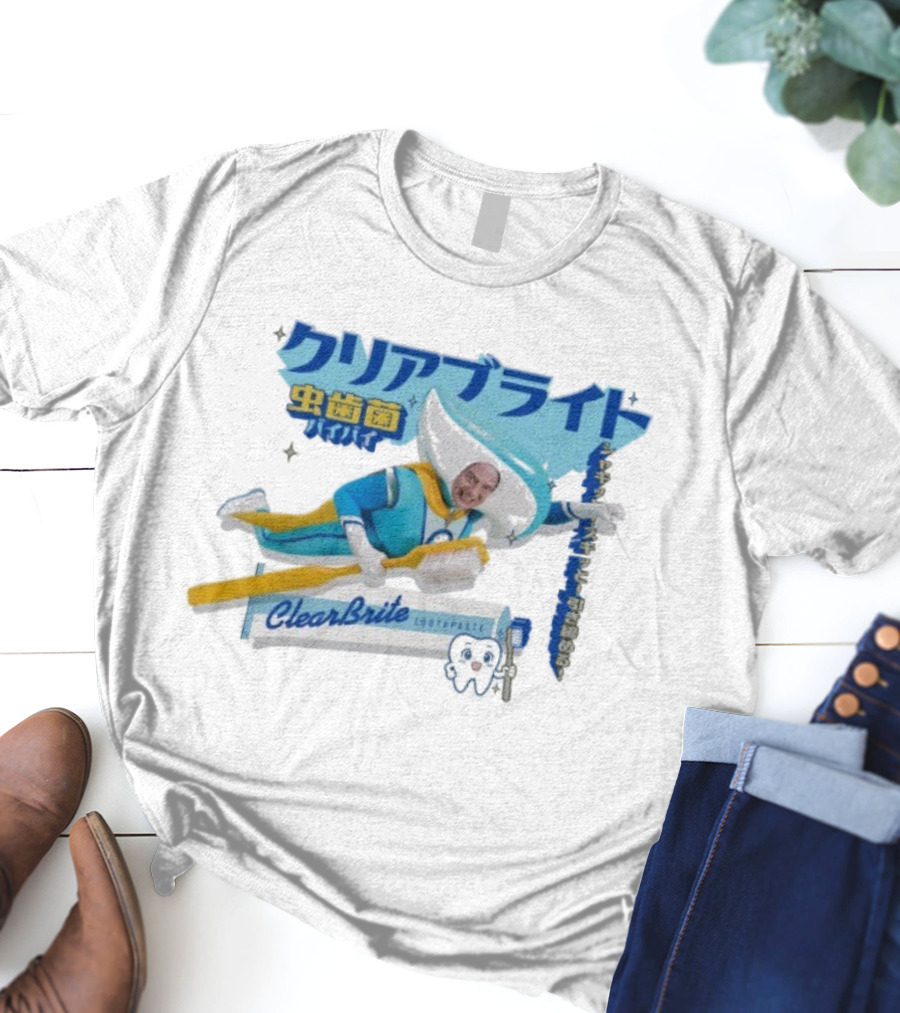Clearbrite Toothpaste Flying Hero With Toothbrush And Japanese Text T-Shirt
