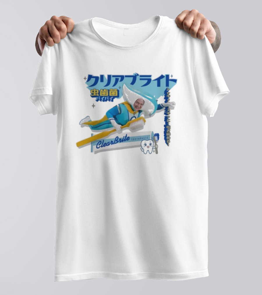 Clearbrite Toothpaste Flying Hero With Toothbrush And Japanese Text T-Shirt
