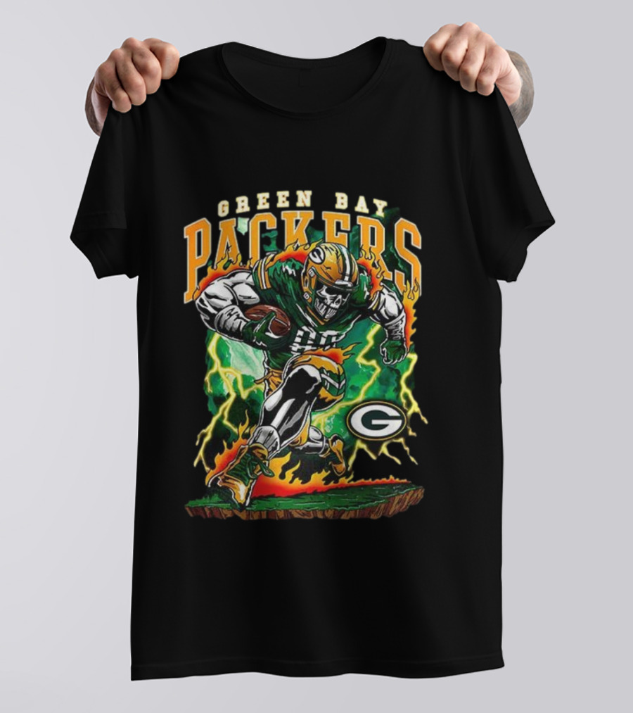Green Bay Packers Skeleton Player Football Lightning Burst T-Shirt