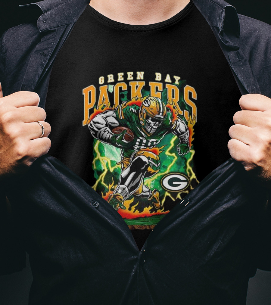 Green Bay Packers Skeleton Player Football Lightning Burst T-Shirt