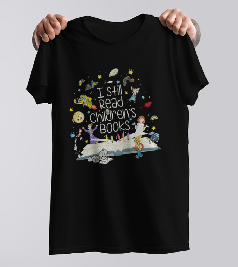 I Still Read Children's Books Open Book Characters Stars Rainbows T-Shirt