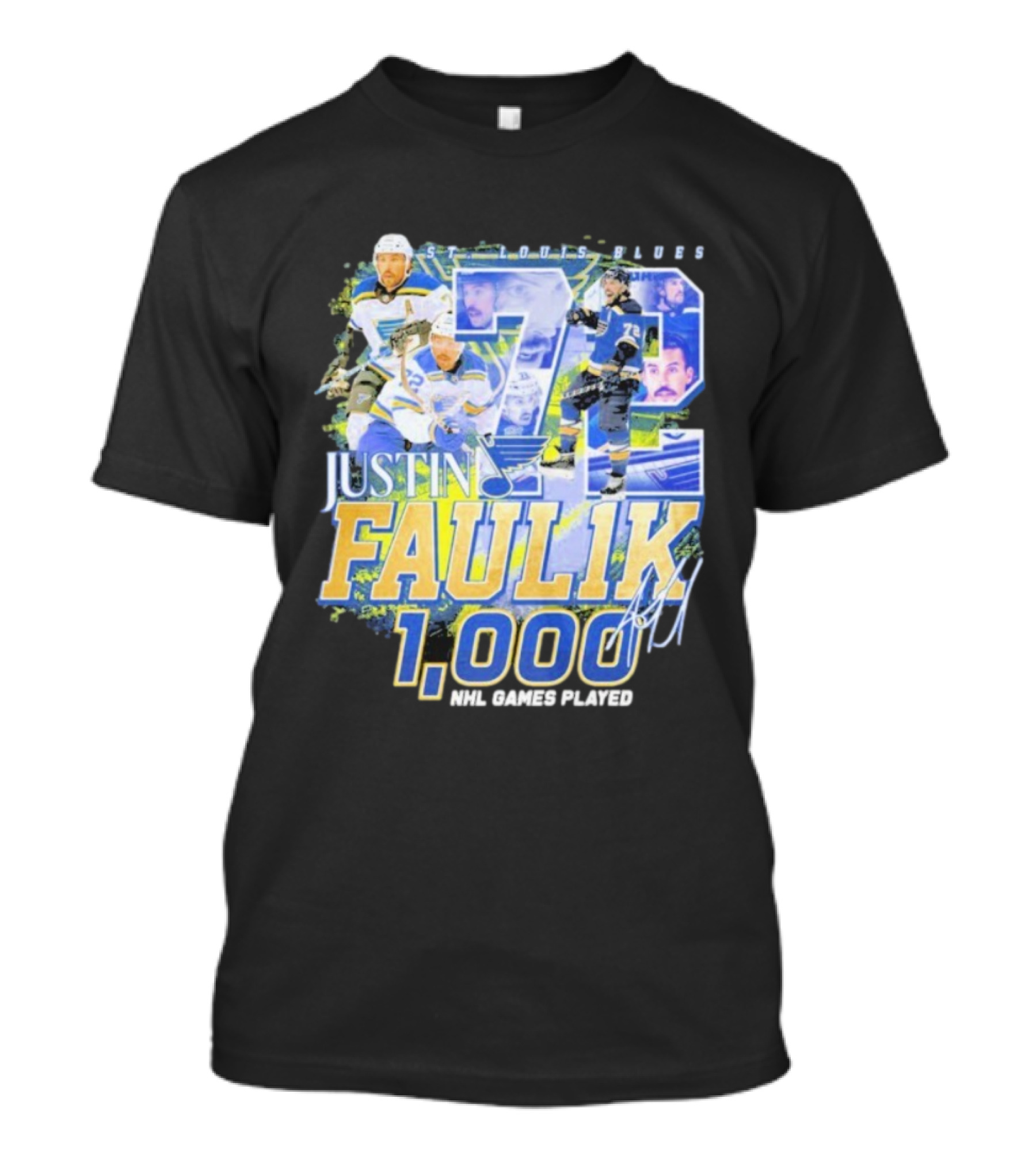 St. Louis Blues Justin Faulk 72 1000 NHL Games Played Signature T-Shirt