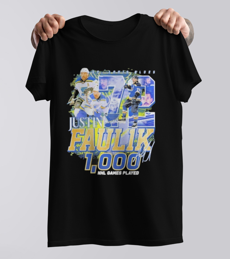 St. Louis Blues Justin Faulk 72 1000 NHL Games Played Signature T-Shirt