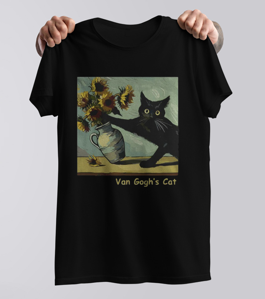 Van Gogh's Cat Sunflowers Funny Art Parody Cat Hugging Vase Painting T-Shirt